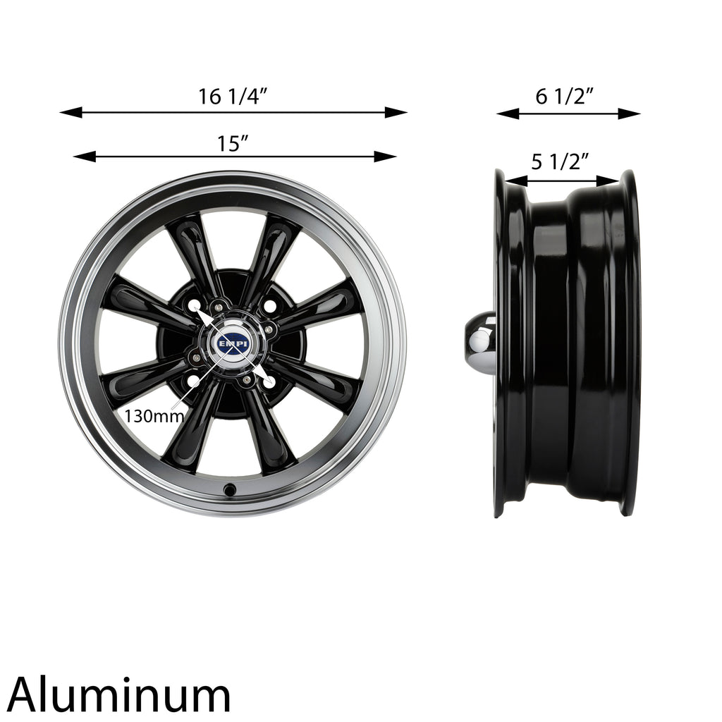 1962-1979 VW GT-8 Wheel - 15x5 - 4x130 - Black w/ Polished Lip