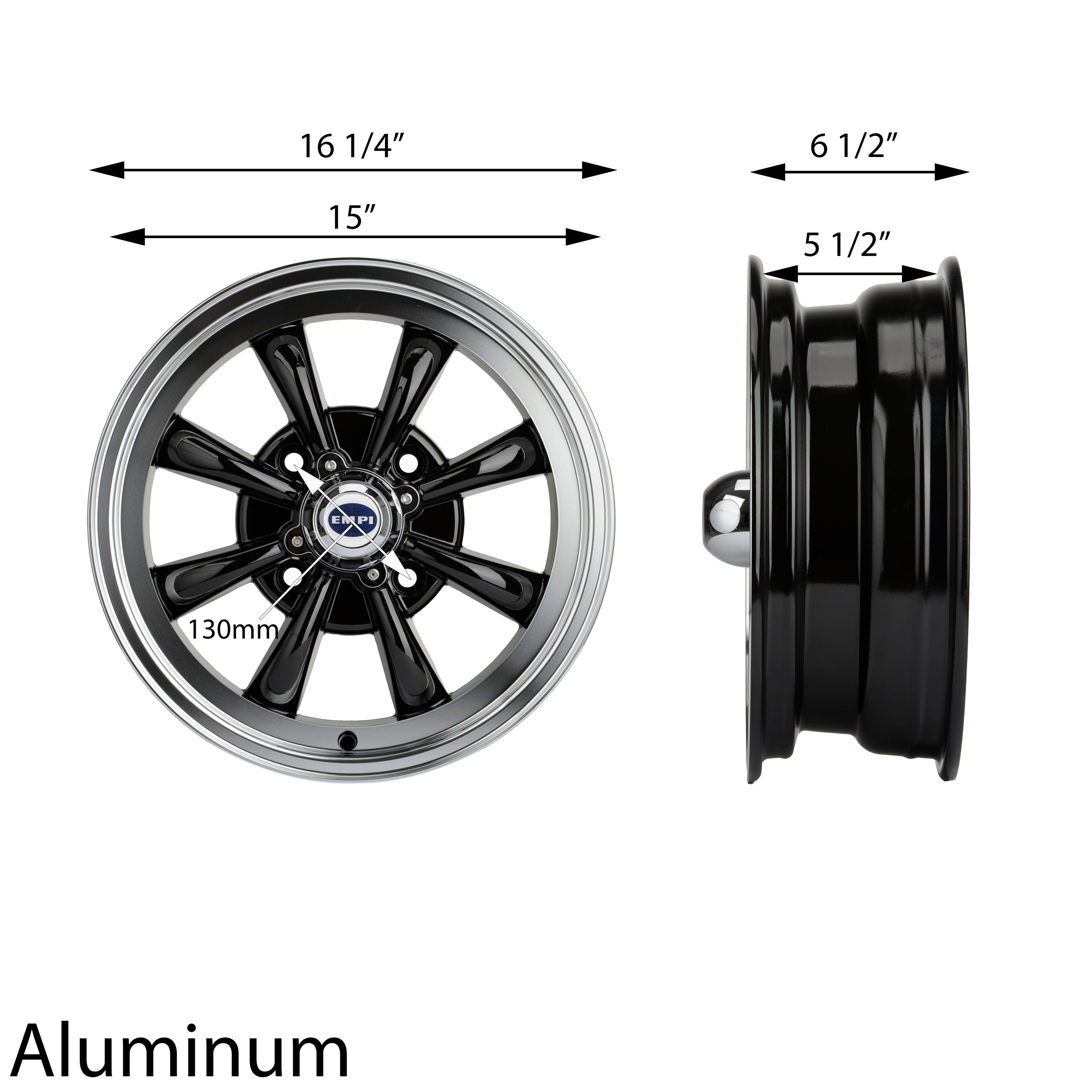1962-1979 VW GT-8 Wheel - 15x5 - 4x130 - Black w/ Polished Lip