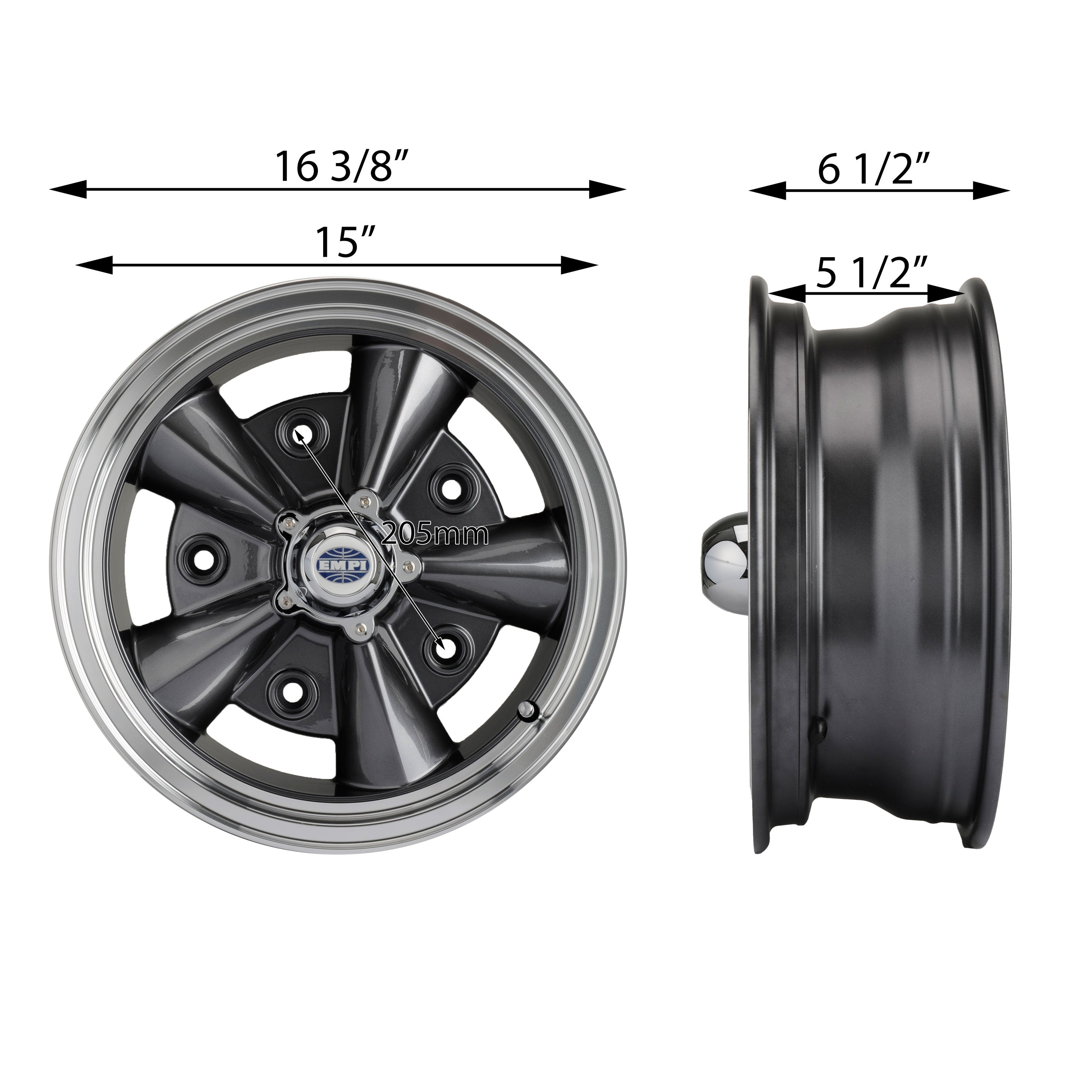 1950-1979 VW 5-Rib Wheel - 15x5.5 - 5x205 - Anthracite w/ Polished Lip